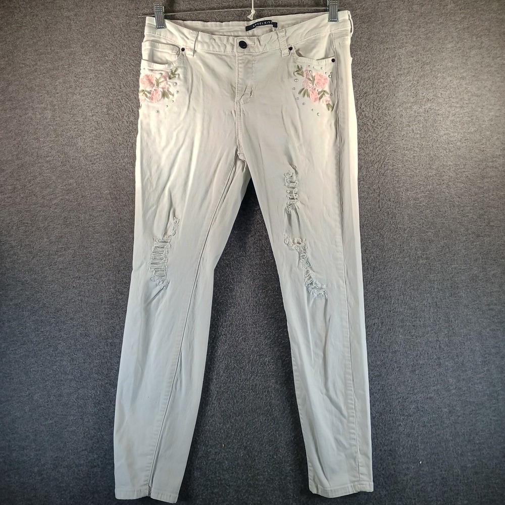 Angel Kiss Jeans Womens 13 White Embroidered Floral‎ Skinny Straight Leg